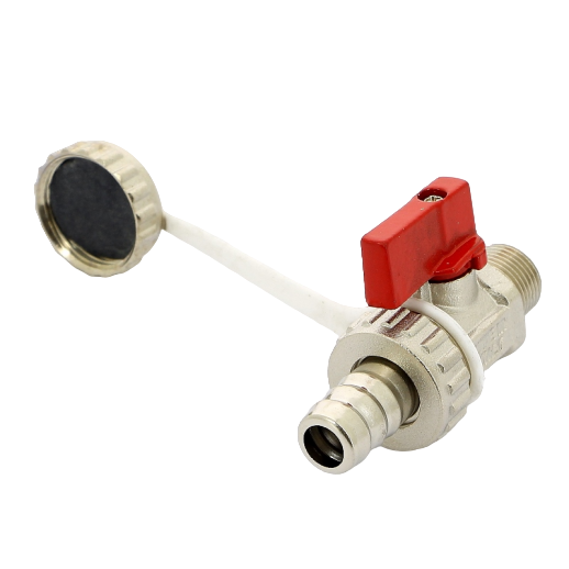 Кран шаровой Uni-Fitt НН 3/8" x 3/4" сливной со штуцером и заглушкой, флажок красный металл