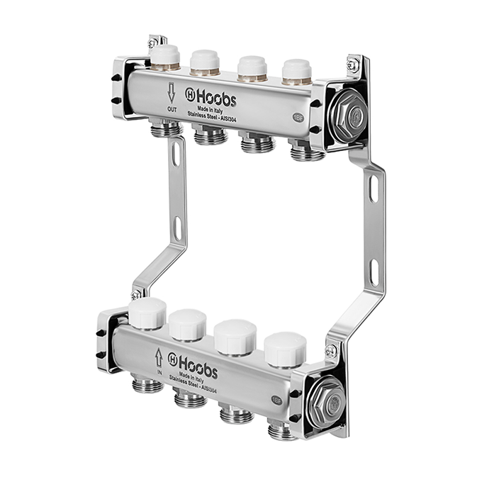 Комплект коллекторов Hoobs, нерж. ст., с термостат. клап., с отс. + кроншт., 1" х 3/4"-4 вых .