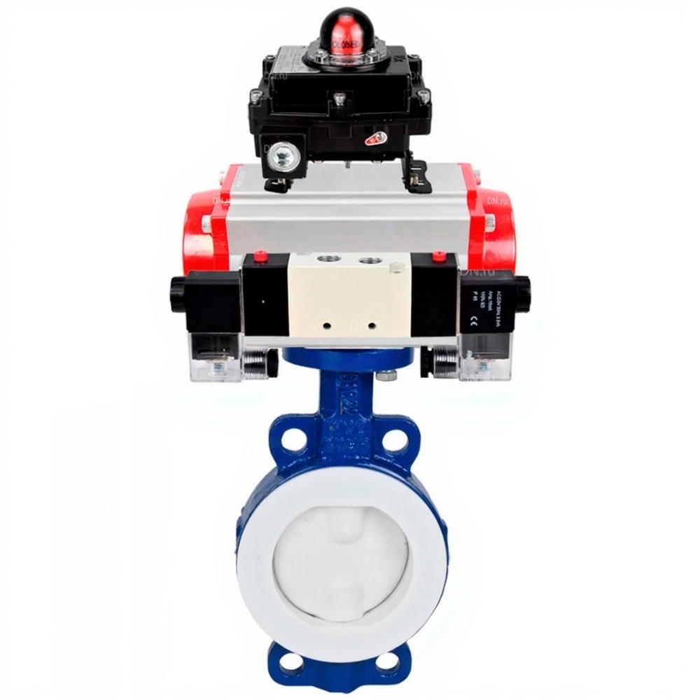 Затвор дисковый поворотный DN.ru WBV3434Pf-2W-Fb-R Ду150 Ру16 корпус - углеродистая сталь WCB, диск - углеродистая сталь WCB, футерованный PTFE, уплотнение - PTFE, с пневмоприводом DN.ru PA-DA-105, пневмораспределителем DN.ru 4V320-08 220В и БКВ D...