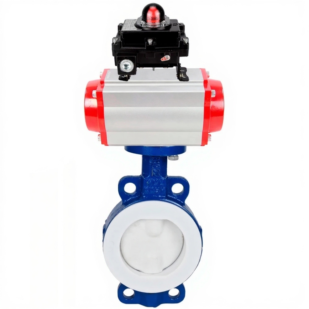 Затвор дисковый поворотный DN.ru WBV3434Pf-2W-Fb-R Ду250 Ру16 корпус - углеродистая сталь WCB, диск - углеродистая сталь WCB, футерованный PTFE, уплотнение - PTFE, с пневмоприводом DN.ru PA-DA-130 и БКВ DN.ru APL-410N EX