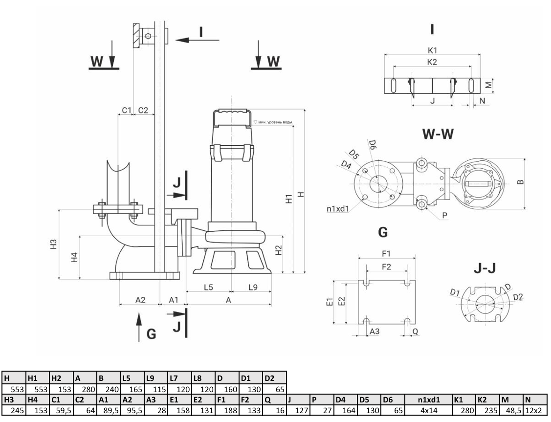 Канализационный насос Wellmix 65GNWQ 35-15-3.0 NE (3000Вт, 3х380В, кабель 8м) с режущим механизмом