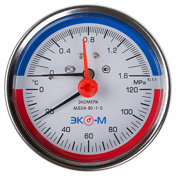 Термоманометр ЭКОМЕРА 160С 0,6МПа Дк80 G1/4"осевой в/к перех G1/2" L=40мм