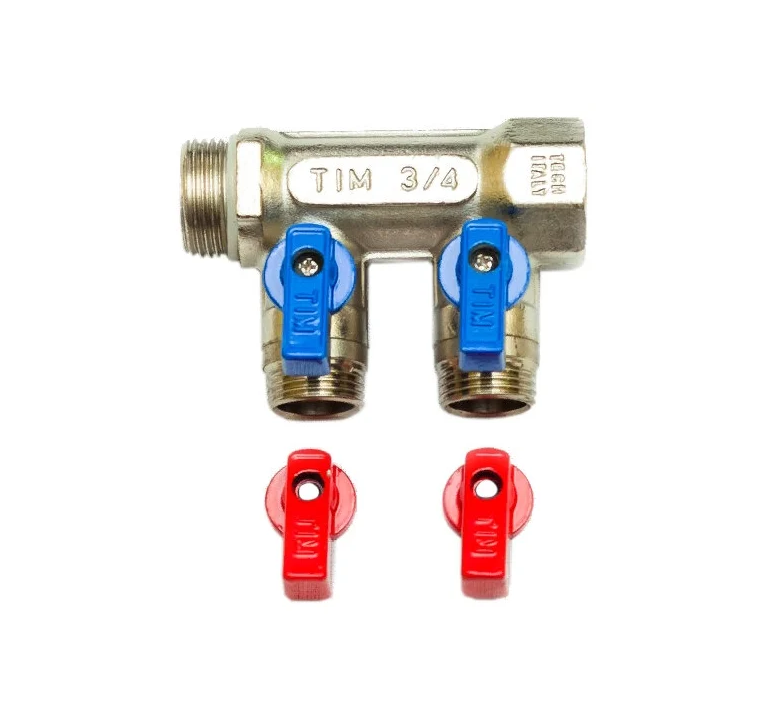 Коллектор запорный 3/4" х 1/2ш 5 - отв TIM (шаров.кран, под конус, никель)