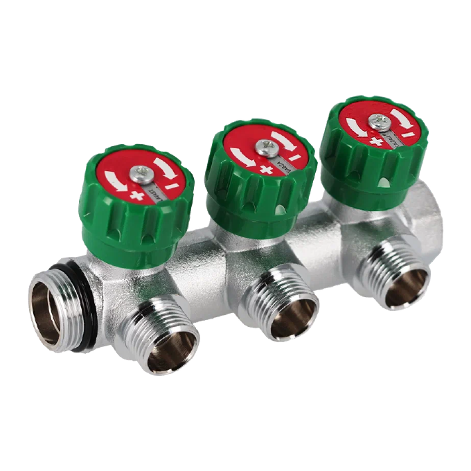 Коллектор Hoobs латунный хром. с вентилями 3/4" x 3/4"EK - 3 вых, зеленая ручка