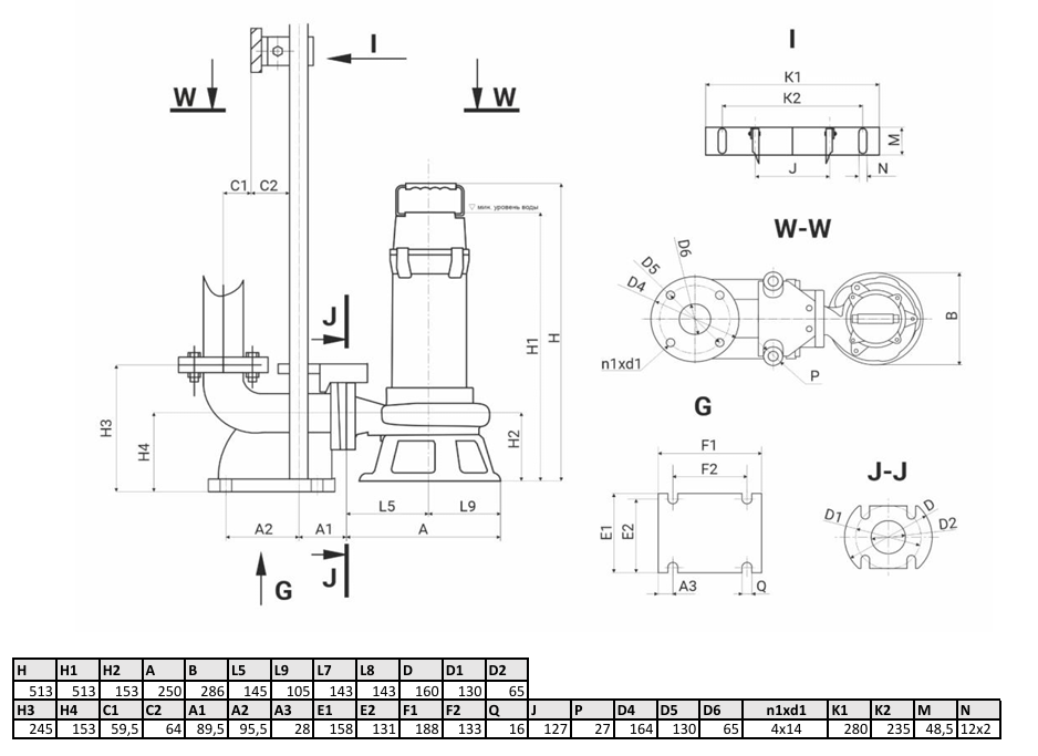 Канализационный насос Wellmix 65GNWQ 25-15-2.2 NE (2200Вт, 3х380В, кабель 8м) с режущим механизмом
