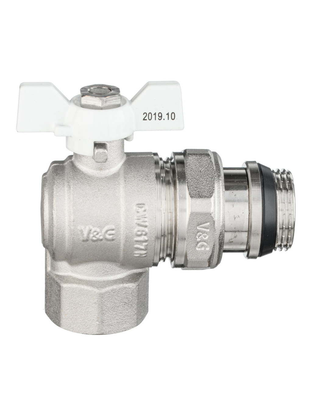 Кран шар. баб. с американкой 20 вода угловой V&G Optima (ручка-бабочка
