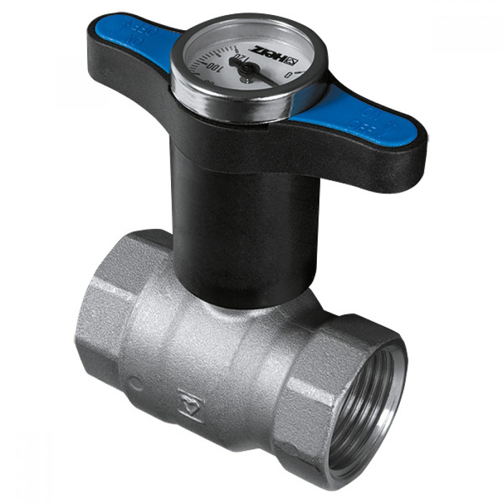Кран шаровой Herz MODUL ВР-ВР 3/4" PN25 с термометром ручка синяя никель