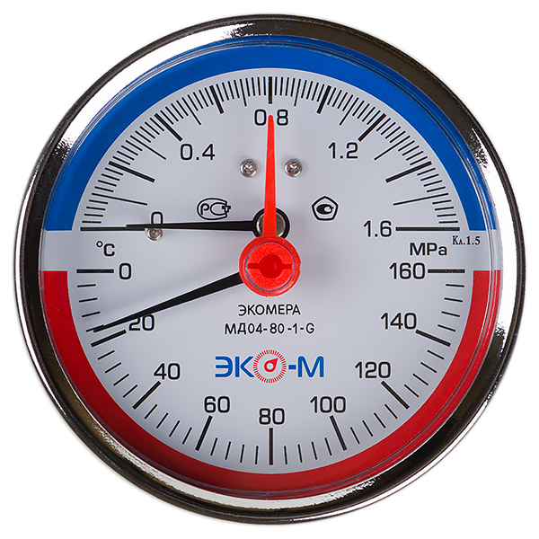 Термоманометр ЭКОМЕРА 160С 1,6МПа Дк80 G1/4"осевой в/к перех G1/2" L=60мм