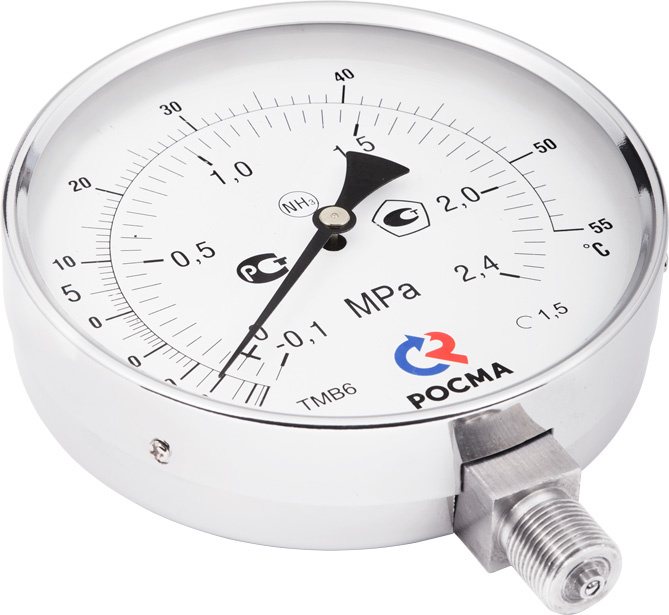 Манометр Росма ТМВ-611Р.0 (-0,1-0,5MPa) (-70-+5C) 20x1,5.1,5.NH3.Двойная шкала ЧЕРН