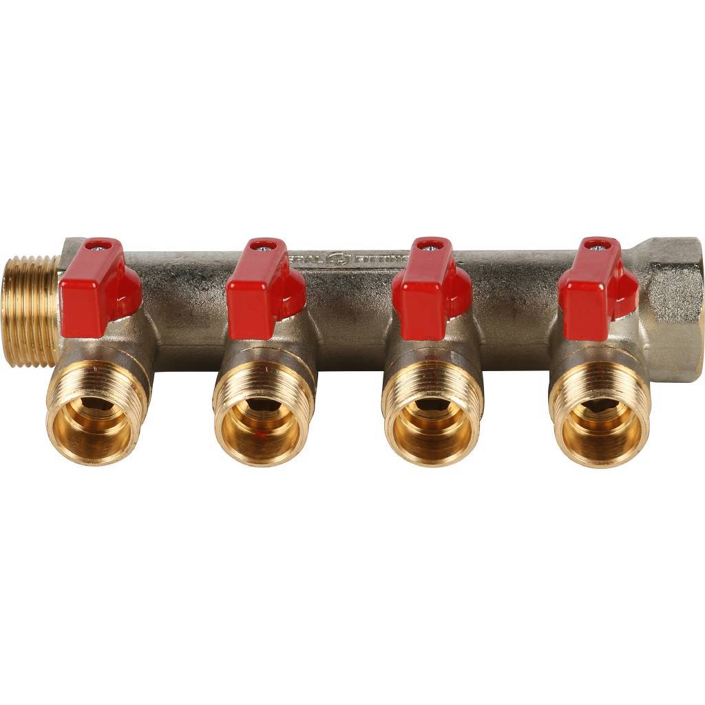 Коллектор никелированный Stout 3/4"/1/2"х4 с красными ручками