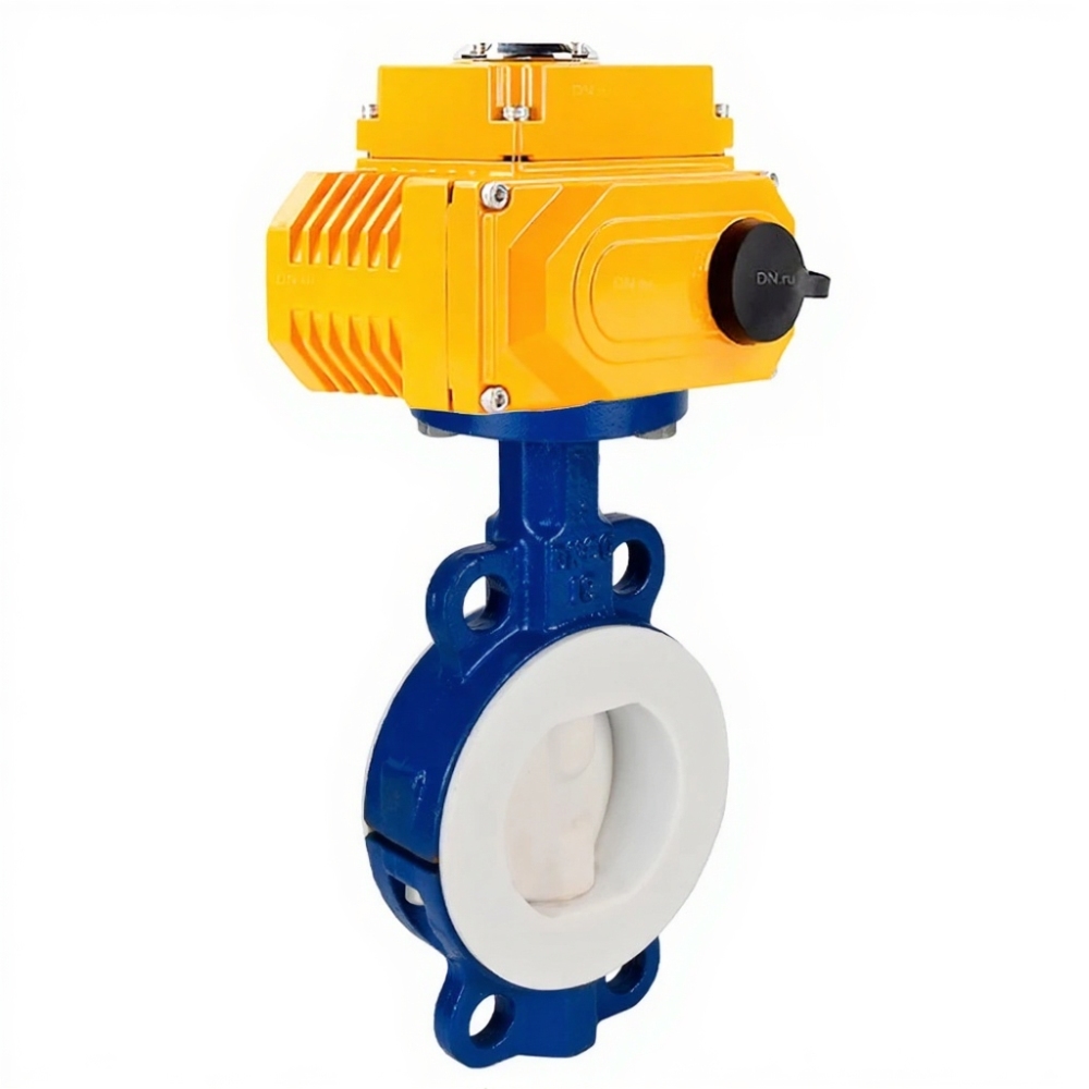 Затвор дисковый поворотный DN.ru WBV3434Pf-2W-Fb-H Ду50 Ру16 корпус - углеродистая сталь WCB, диск - углеродистая сталь WCB, футерованный PTFE, уплотнение - PTFE, с электроприводом DN.ru QT-N-005EM-O1-24VDC-У1 24В