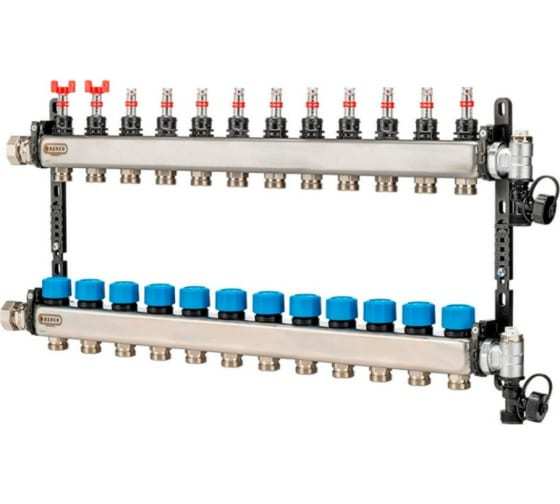 Коллектор Henco UFH-MDSS 1"х3/4" 12 вых., c термостат. клапанами, с расходомерами, сталь нерж.
