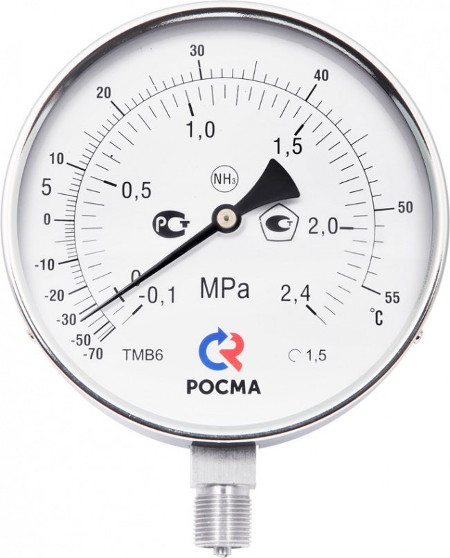 Манометр Росма ТМ-611Р.0 (0-1MPa) (-30-+25C) 20x1,5.1,5.NH3.Двойная шкала черный