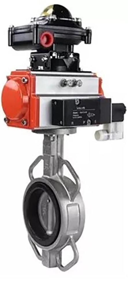 Затвор дисковый поворотный DN.ru WBV3232N-2W-Fb-H Ду150 Ру16, корпус - нержавеющая сталь 316L, диск - нержавеющая сталь 316L, NBR, с пневмоприводом DN.ru PA-DA-130, пневмораспределителем 4V320-10 220В, БКВ APL-510N EX и БПВ AFC2000