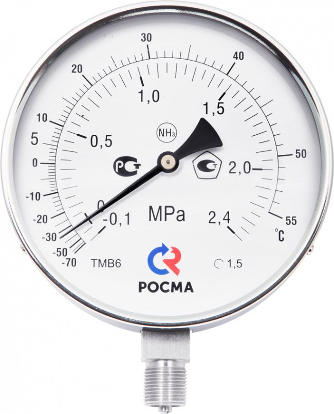 Манометр Росма ТМ-611Р.0 (0-1MPa) (-30-+25C) 1/2.1,5.NH3.Двойная шкала
