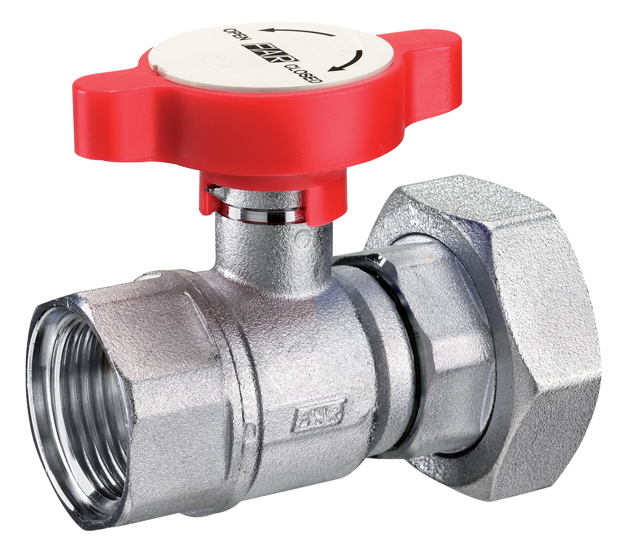 Кран шаровой FAR 1"х1 1/2" хром. с накидн. гайкой красная ручка