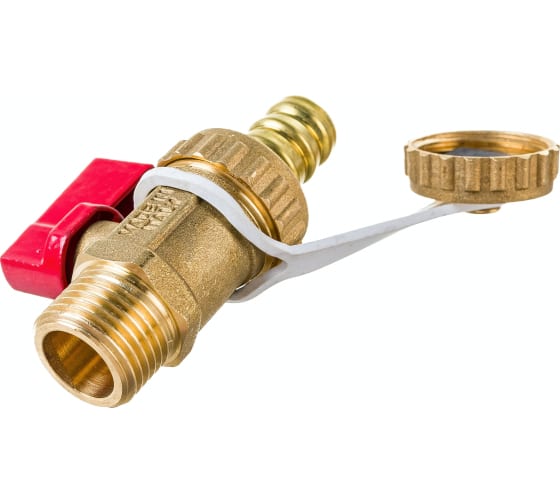 Кран шаровой Uni-Fitt НН 1/2" x 3/4" сливной со штуцером и заглушкой, флажок красный металл, латунный