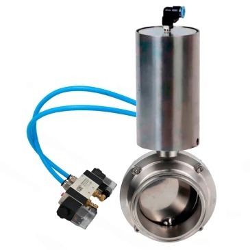 Затвор дисковый поворотный кламповый DN.ru WBV3131E-2W-C-H Ду25 Ру10 корпус - пищевая нержавеющая сталь 304, уплотнение – EPDM, с пневмоприводом DN.ru PA-SA-85 и пневмораспределителем DN.ru 4V320-08 220В