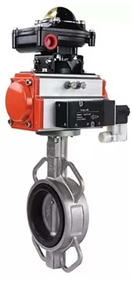 Затвор дисковый поворотный DN.ru WBV3232N-2W-Fb-H Ду150 Ру16, корпус - нержавеющая сталь 316L, диск - нержавеющая сталь 316L, NBR, с пневмоприводом DN.ru PA-DA-130, пневмораспределителем 4M310-08 220В, БКВ APL-510N EX и БПВ AFC2000