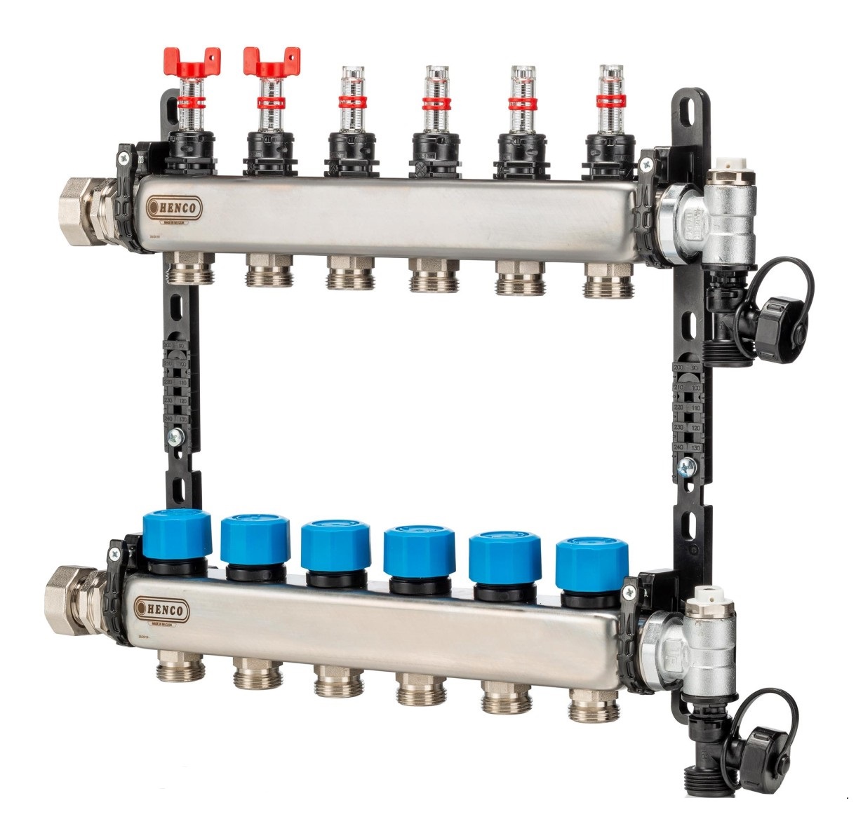 Коллектор Henco UFH-MDSS 1"х3/4" 4 вых. c термостат. клапанами с расходомерами сталь нерж.