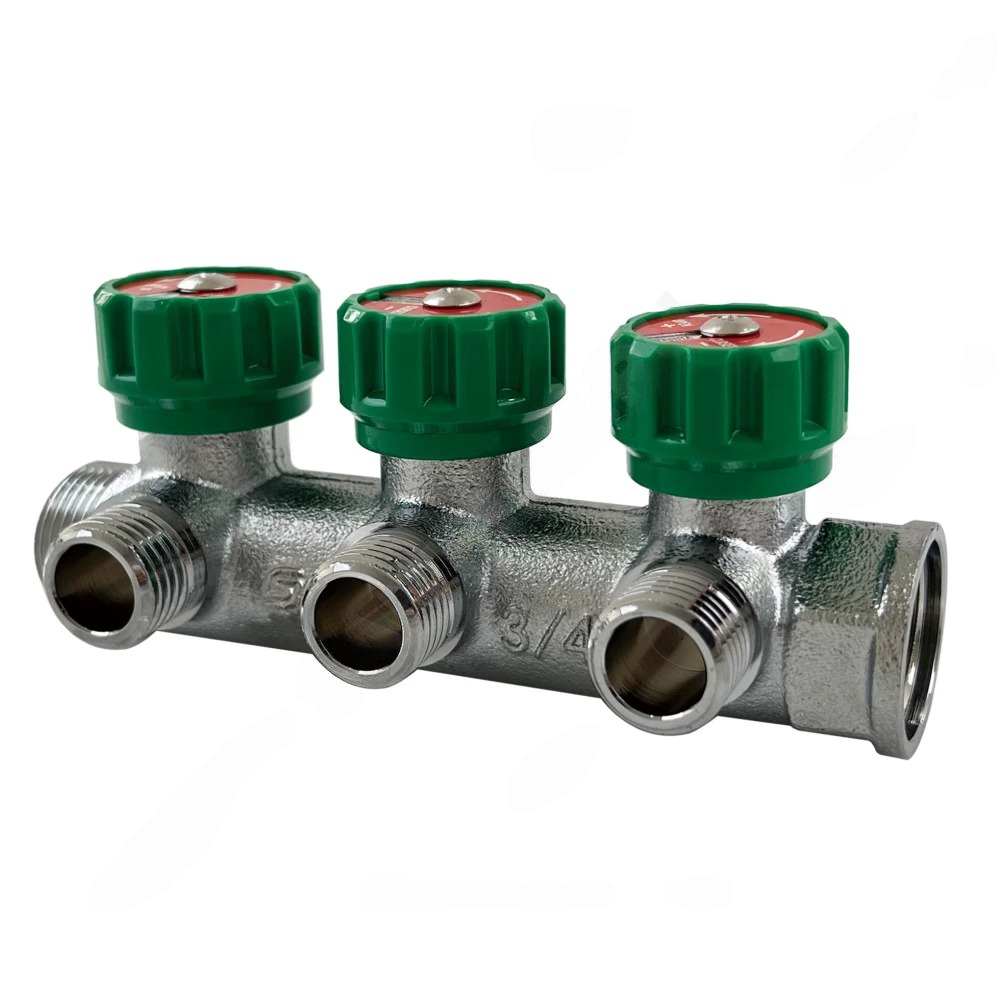 Коллектор SantechSystems латунный с регулирующими клапанами 3/4" м/р 2в 1/2" ПУ н/р 45мм