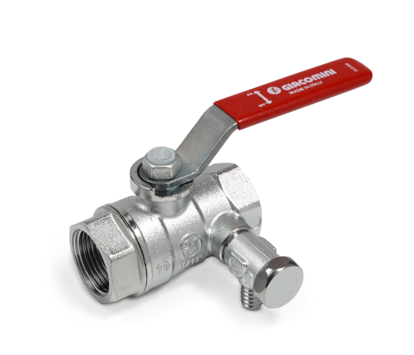 Кран шаровой, R250DS, 3/4", ВВ, ручка-рычаг красный, хромированный, со сливом Giacomini