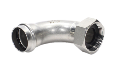 Отвод 90 35-1 1/4", WAAG Heavy Inox, пресс-резьба, вн., сталь нержавеющая, с накид.гайкой